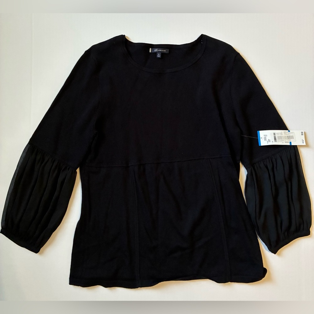Anne Klein Black Blouse with Sheer Sleeves NEW